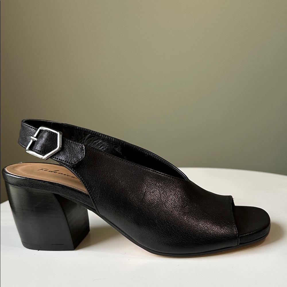 Federica Milano Black Leather Sling Back Heels Open Toe Buckle Strap Italian
